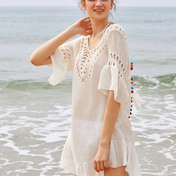 👙HP 6-28-18💞CROCHET INSERT POM POM COVER UP OSFM - Picture 3 of 3